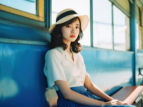 白色短袖小衬衫戴帽美女图片